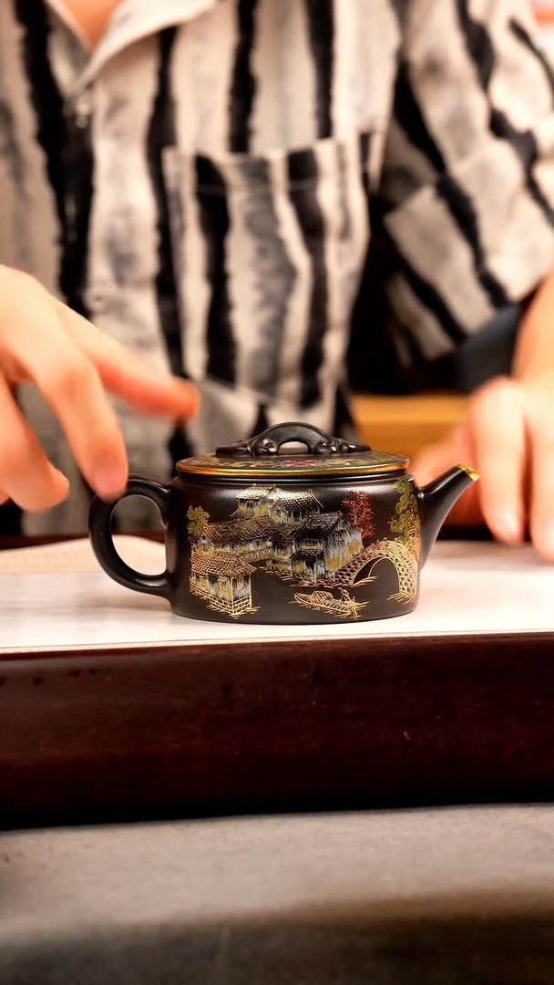 茶壶紫砂石黄 汉瓦 忆江南珐琅彩
