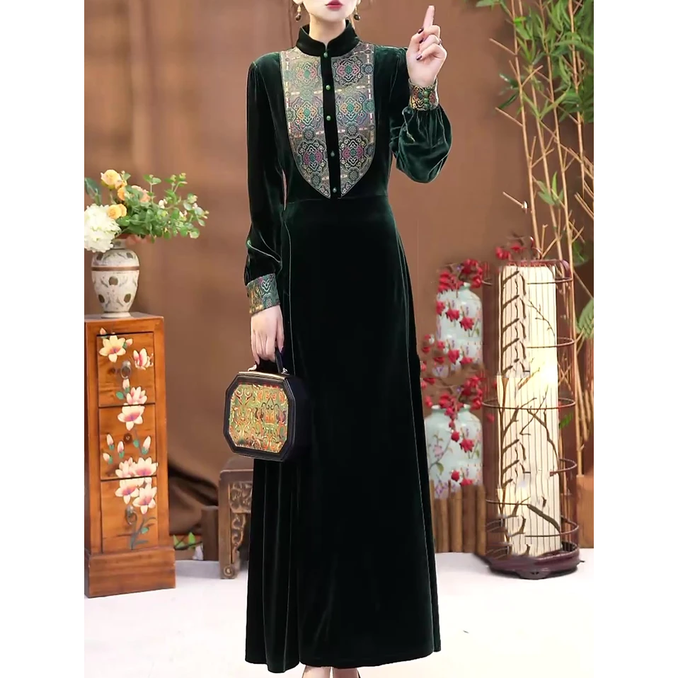 新中式国风改良旗袍连衣裙2025秋季新款文艺修身显瘦高贵旗袍长裙