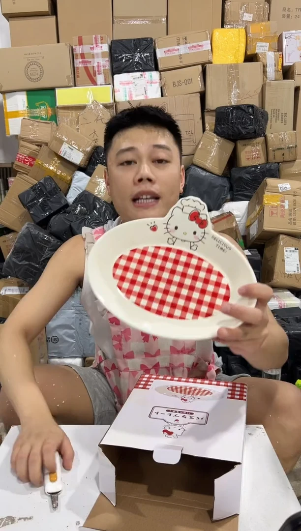 瓷片原盒kt猫红格子餐盘