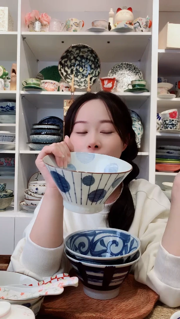 陶瓷三峰水玉十草高脚斗笠碗16cm