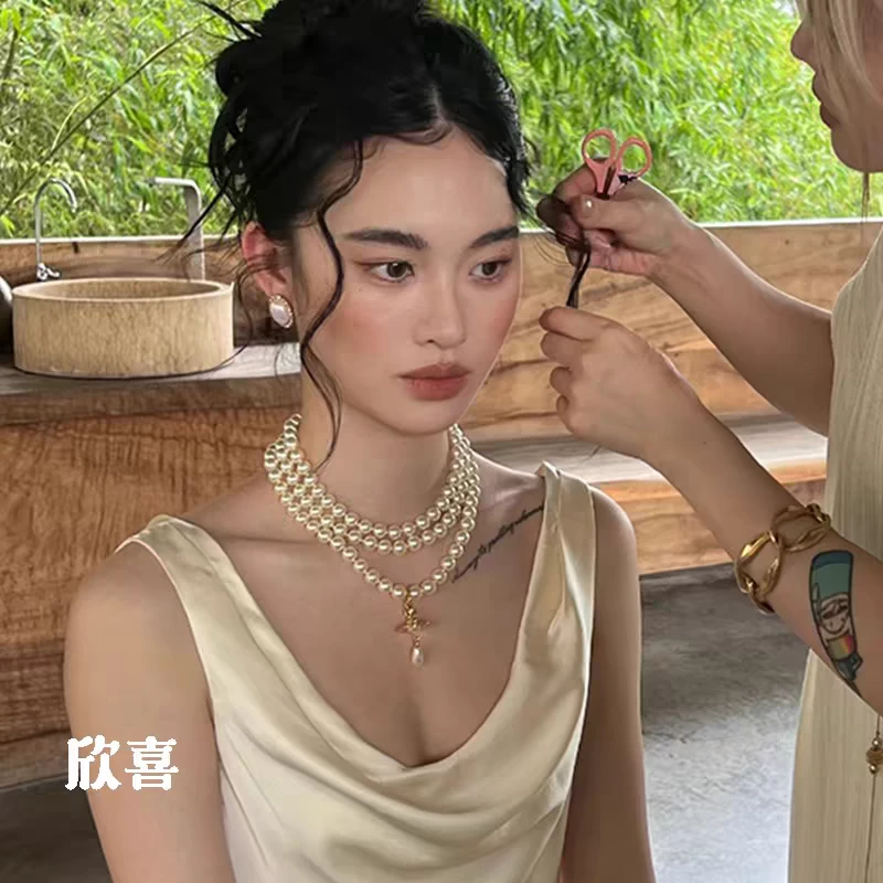 赫本风长款叠戴珍珠项链女气质高级感轻奢小众颈链新娘礼服配饰品