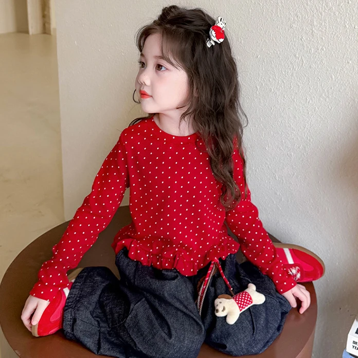 女童新款儿童春秋装洋气打底衫波点长袖上衣韩版大童内搭甜美T恤