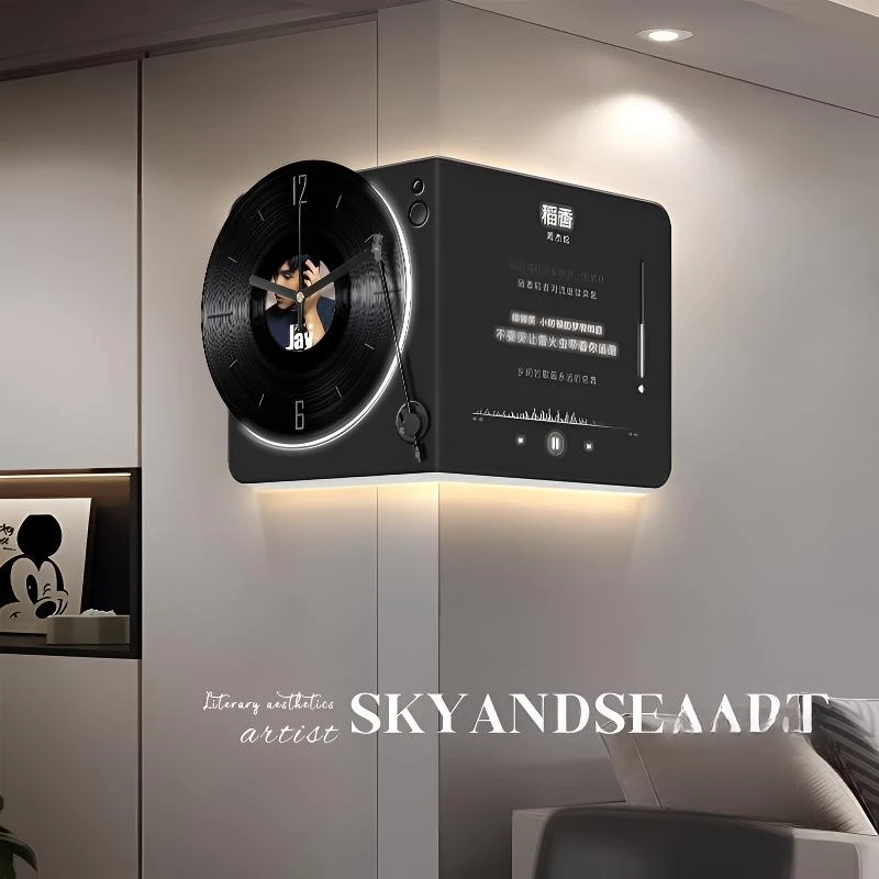 黑胶唱片客厅转角挂钟挂墙创意餐厅双面挂钟画高级发光钟表轻奢