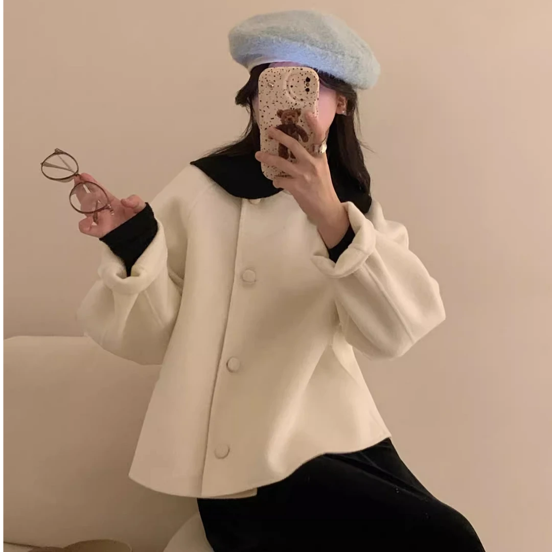 高端货~撞色娃娃领双面羊绒大衣女秋冬新款韩版宽松减龄毛呢外套