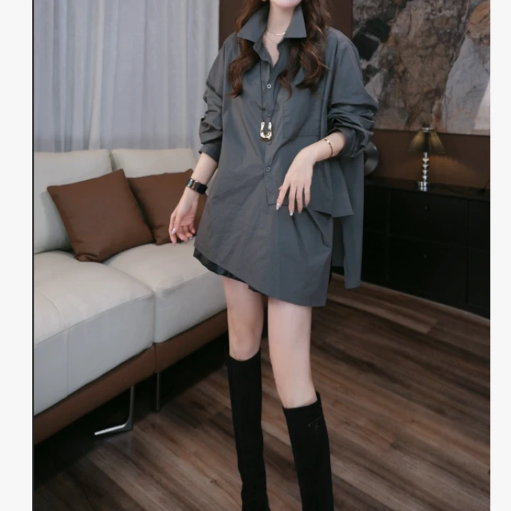 【鑫蕾】早秋新款长袖不规则小众百搭宽松衬衫29091