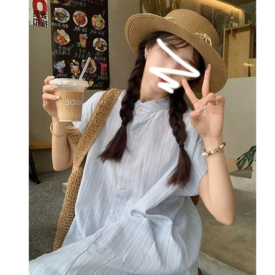 珩绣蓝色条纹衬衫半身裙2025初夏穿搭韩系高级感叠穿JR-0415-1