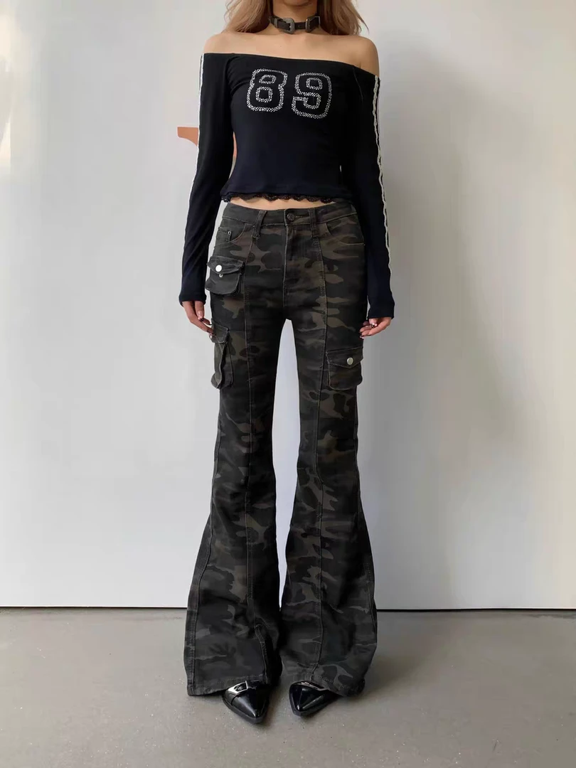 珍珍很懒美式迷彩工装牛仔裤女新款显瘦显胯喇叭裤修身垂感拖地裤