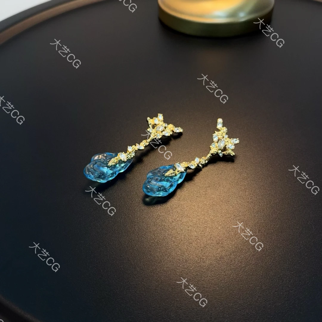 合金琉璃耳饰 蓝色复古风小众气质优雅高级感长耳饰EDCuc 0262