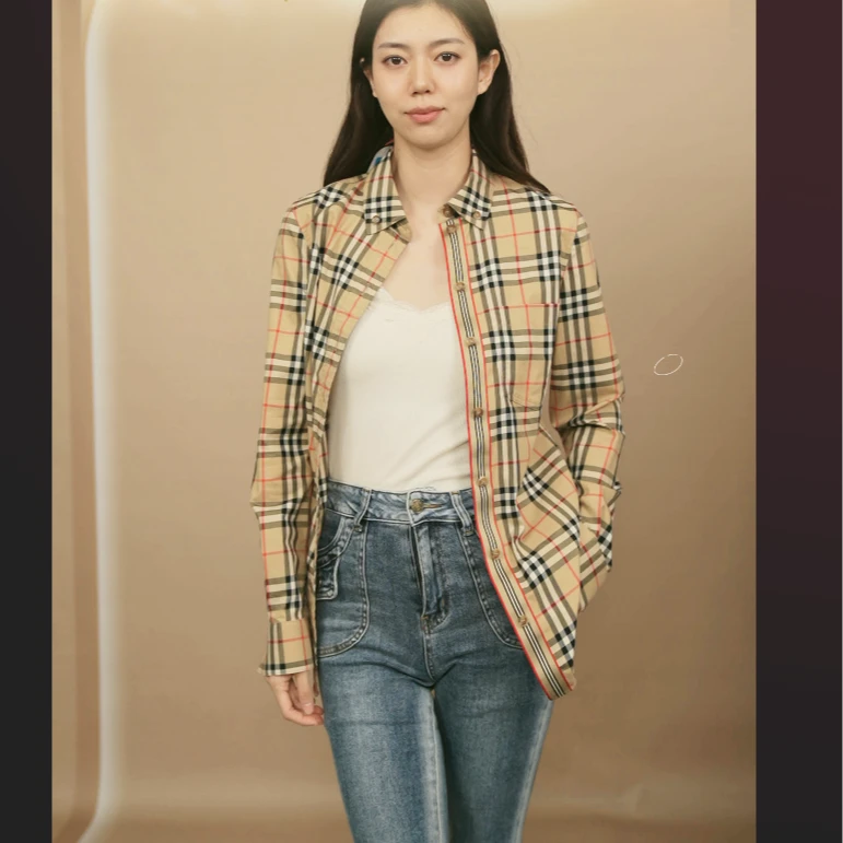 95新 BURBERRY/博柏利 格纹衬衫34码沙色/250903CYETX24