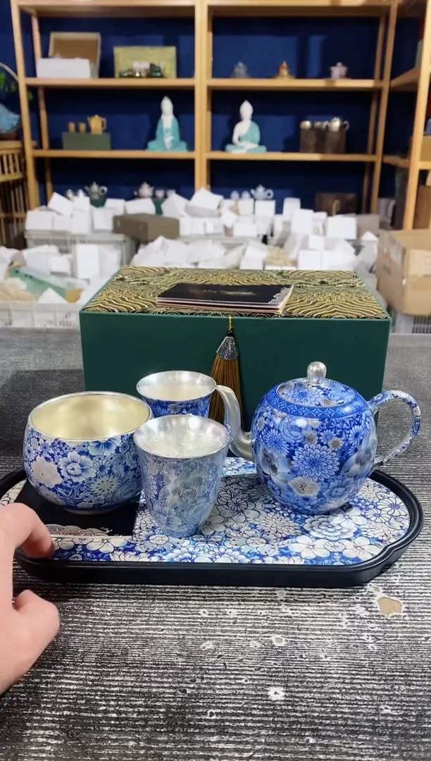 【闪购商品】其他周鸿杰青花万花鎏银龙蛋壶+2杯+万花+盘