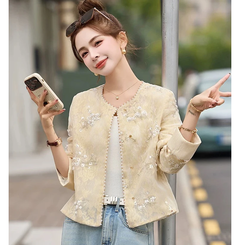 新中式秋季小香风外套气质长袖优雅休闲重工珠珠包边上衣蕾丝