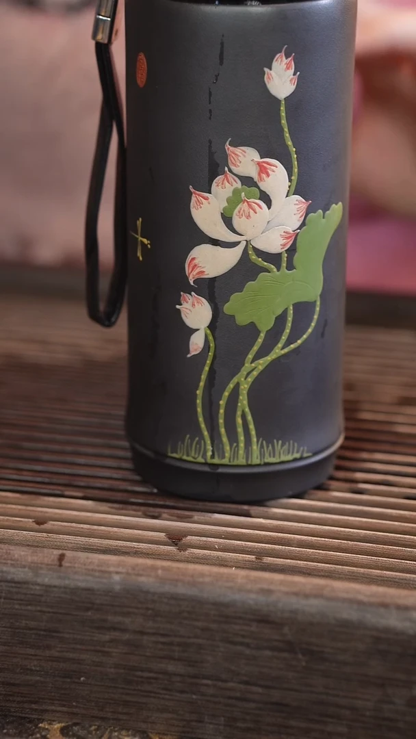 茶壶紫砂双层保温杯 黑金砂 荷花 340cc