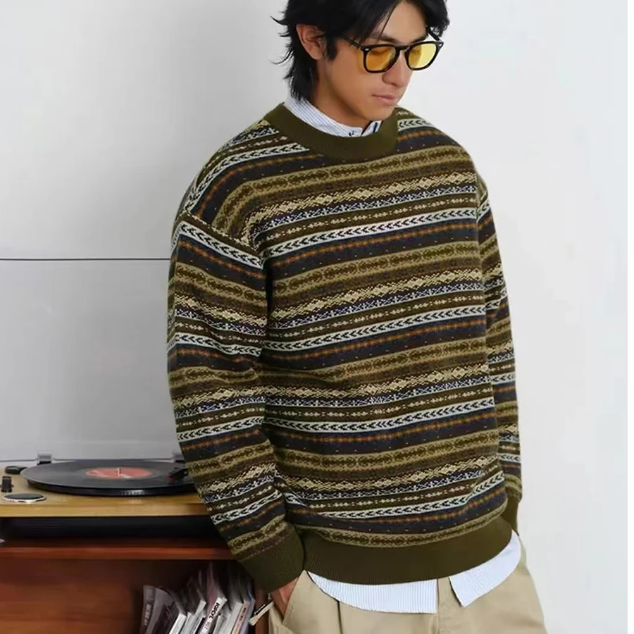 男士秋冬复古宽松长袖提花条纹时尚百搭Cleanfit撞色圆领针织毛衣