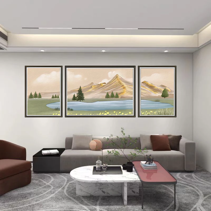Q41金山福谭山水时尚寓意好钢化玻璃装裱沙发背景三联装饰画