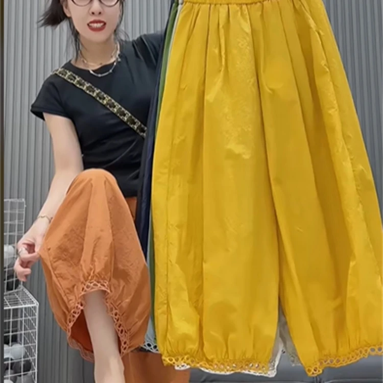 2025夏季新款韩版宽松休闲灯笼裤蕾丝边女百搭时尚松紧高腰九分裤