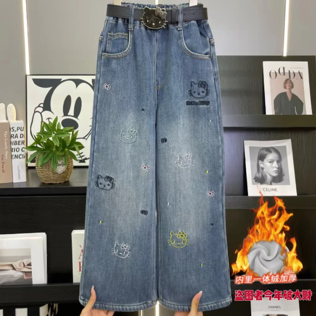 【加绒】女童刺绣牛仔加绒阔腿裤中大童休闲裤TZ11013