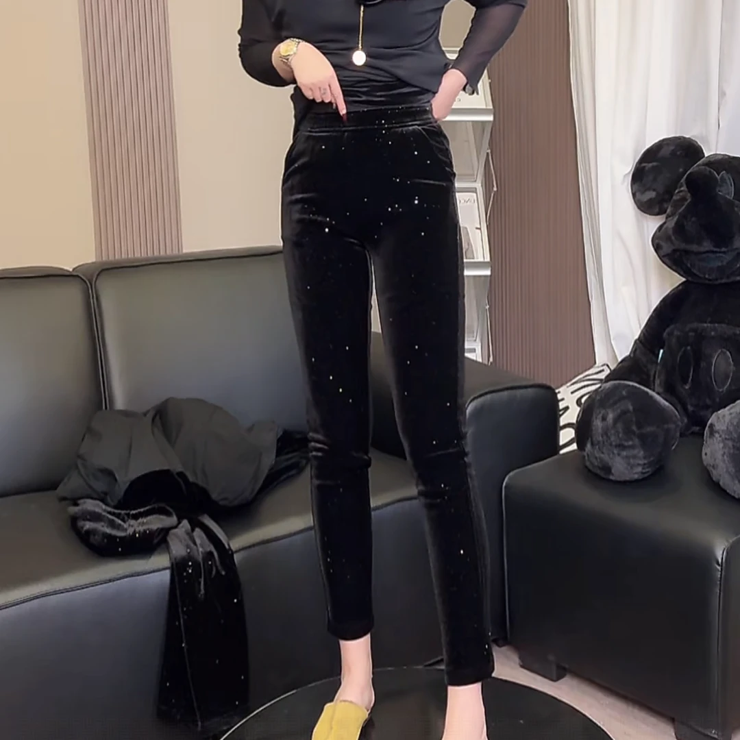 0099【薇语莎】冬季新款时尚百搭高弹力显瘦亮片窄版烟管丝绒裤