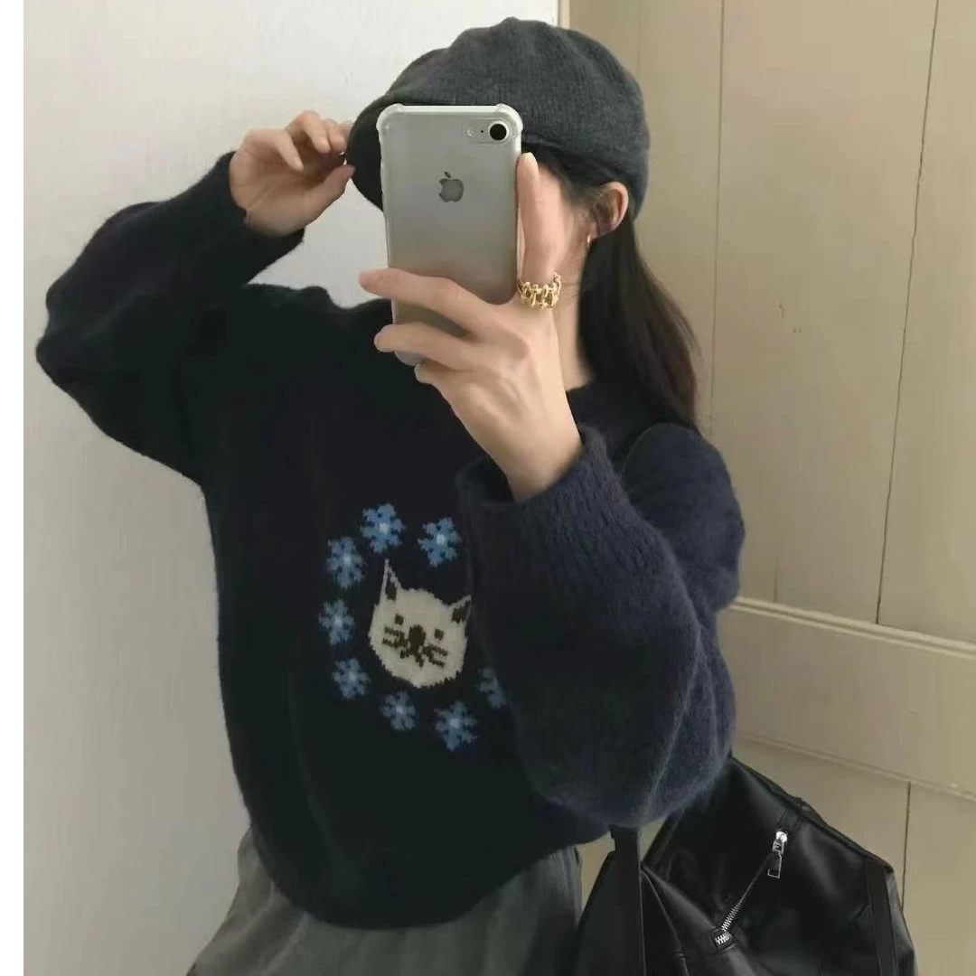 韩系毛针织衫韩系小喵子针织开衫时尚百搭宽松绣花826308