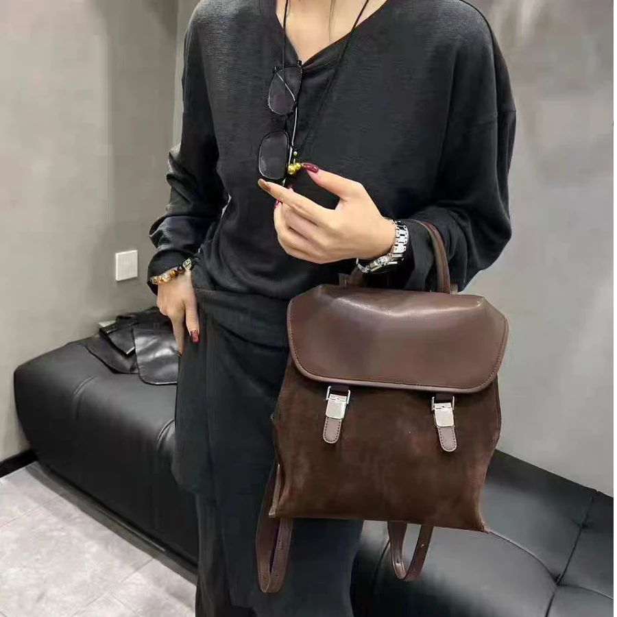 磨砂牛皮双肩包女2025新款潮流时尚韩版百搭背包小众设计风单肩包