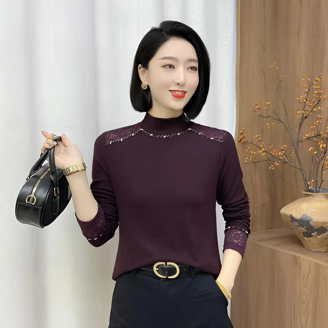 2025年冬季新款女士半高领蕾丝拼接钉珠显气质款百搭打底衫D9851