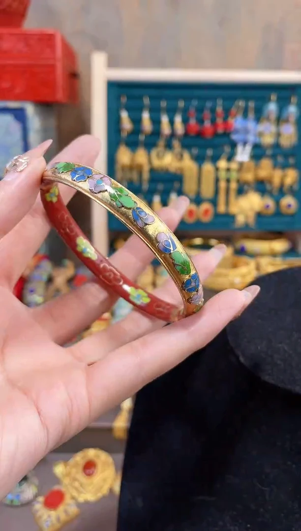 【闪购商品】非遗景泰蓝镯子金地开口红色