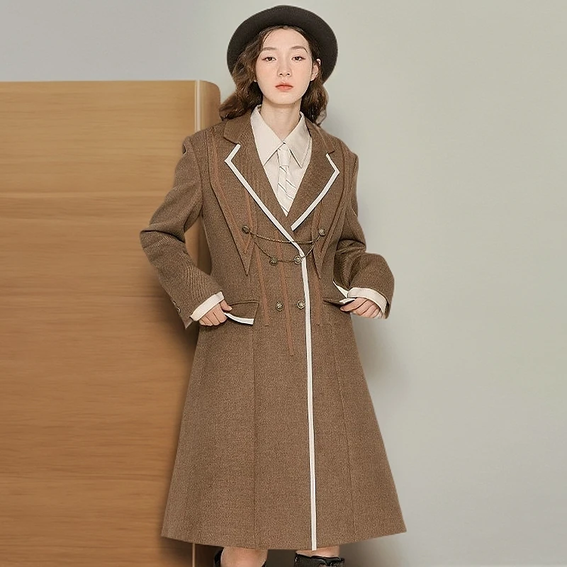 D-HARRY/迪哈利冬季新款棕色呢大衣女收腰海军领外套DH224F95752D