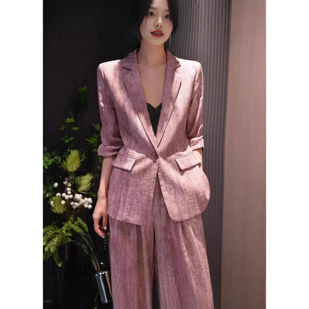 夏季新款大码粉色七分袖西装阔腿裤套装女胖mm时尚减龄休闲小西服
