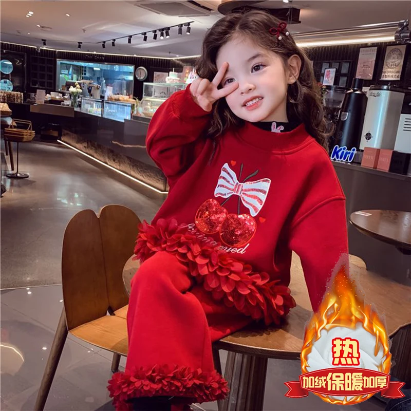 女童加绒套装2026新款冬季洋气儿童宽松卫衣休闲裤加厚网红套装潮