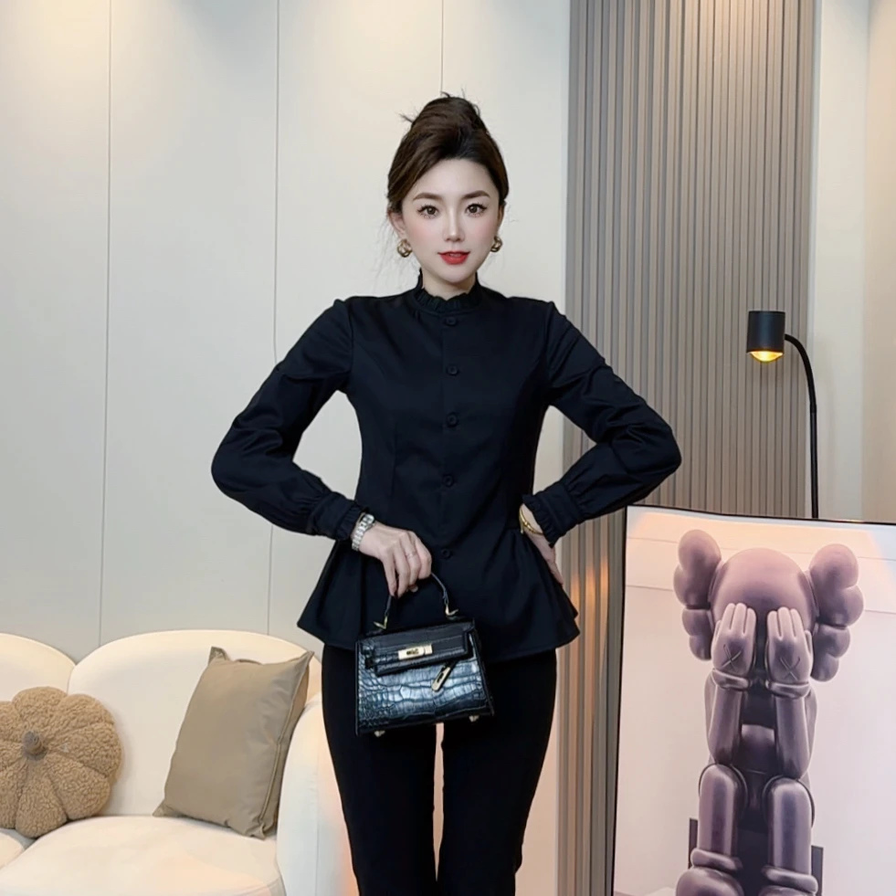 【加绒保暖】长袖保暖立领厚款不对称冬季衬衫时尚黑色秋冬网红7312