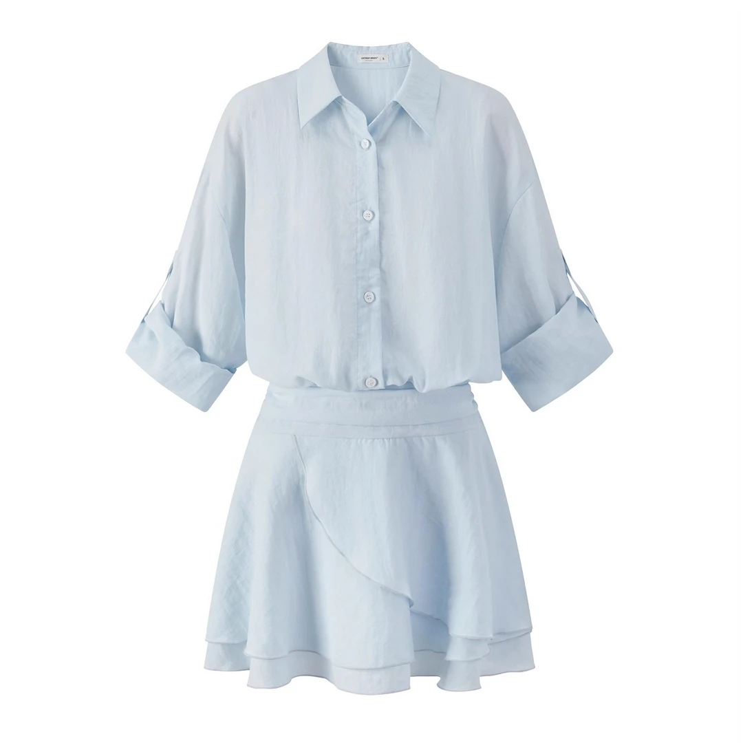 羊城故事-法式蓝色翻领连衣裙新款设计感收腰a字短裙Y50751919