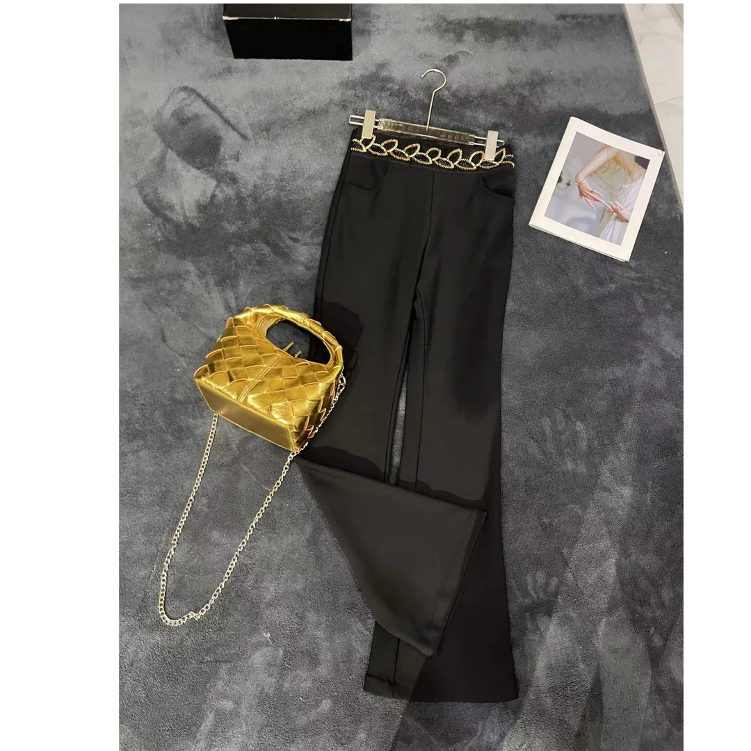 冬季时尚百搭加绒加厚显瘦重工钉珠腰头女士微喇裤长裤ML24656k