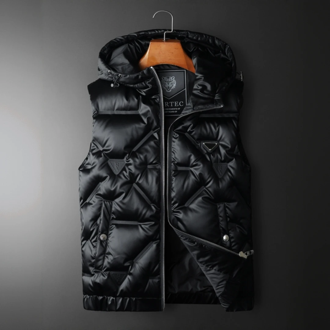 欧洲站轻奢高端潮牌亮面坎肩马甲男冬季休闲加厚修身连帽背心