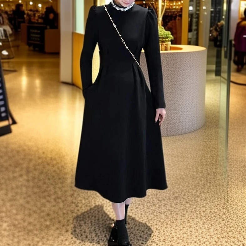 冬季2025新款气质黑色赫本风长款连衣裙显瘦收腰冬季百搭小黑裙