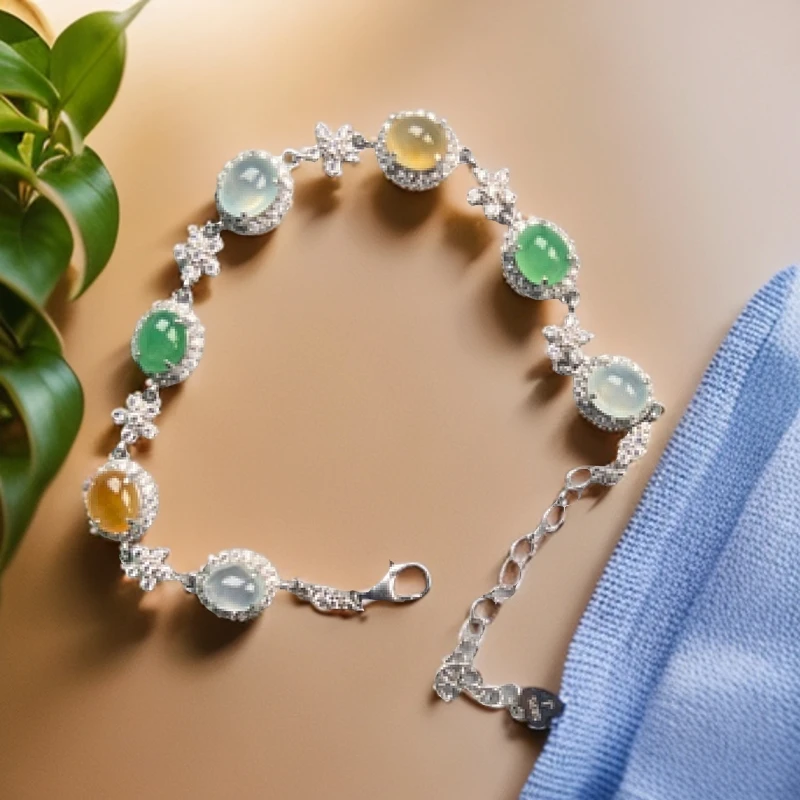 天然缅甸翡翠A货，925银镶嵌冰三彩手链