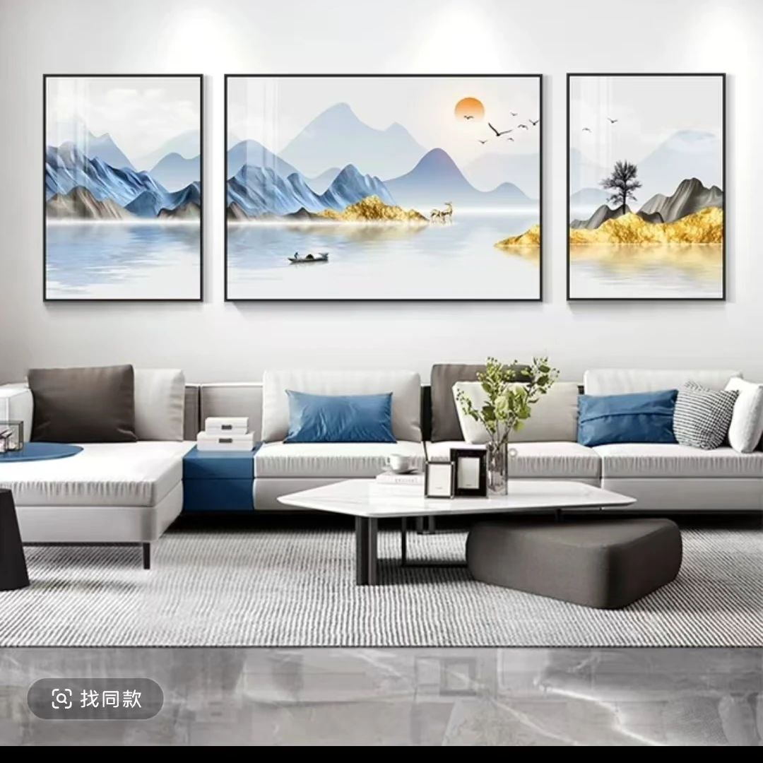 F-0006现代装饰画新中式沙发背景墙挂画2024大气山水画三联壁画