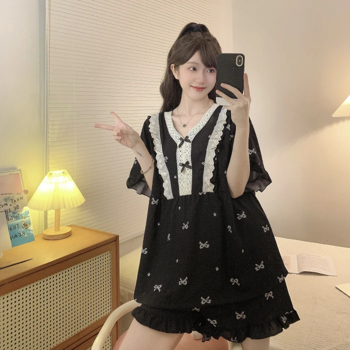 大码睡衣女夏200-300斤套装甜美V领薄款透气胖mm加肥家居服可外穿