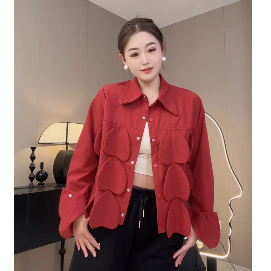 韩版立体爱心设计感长袖POLO衫上衣女春季新款拼接长袖气质衬衫潮