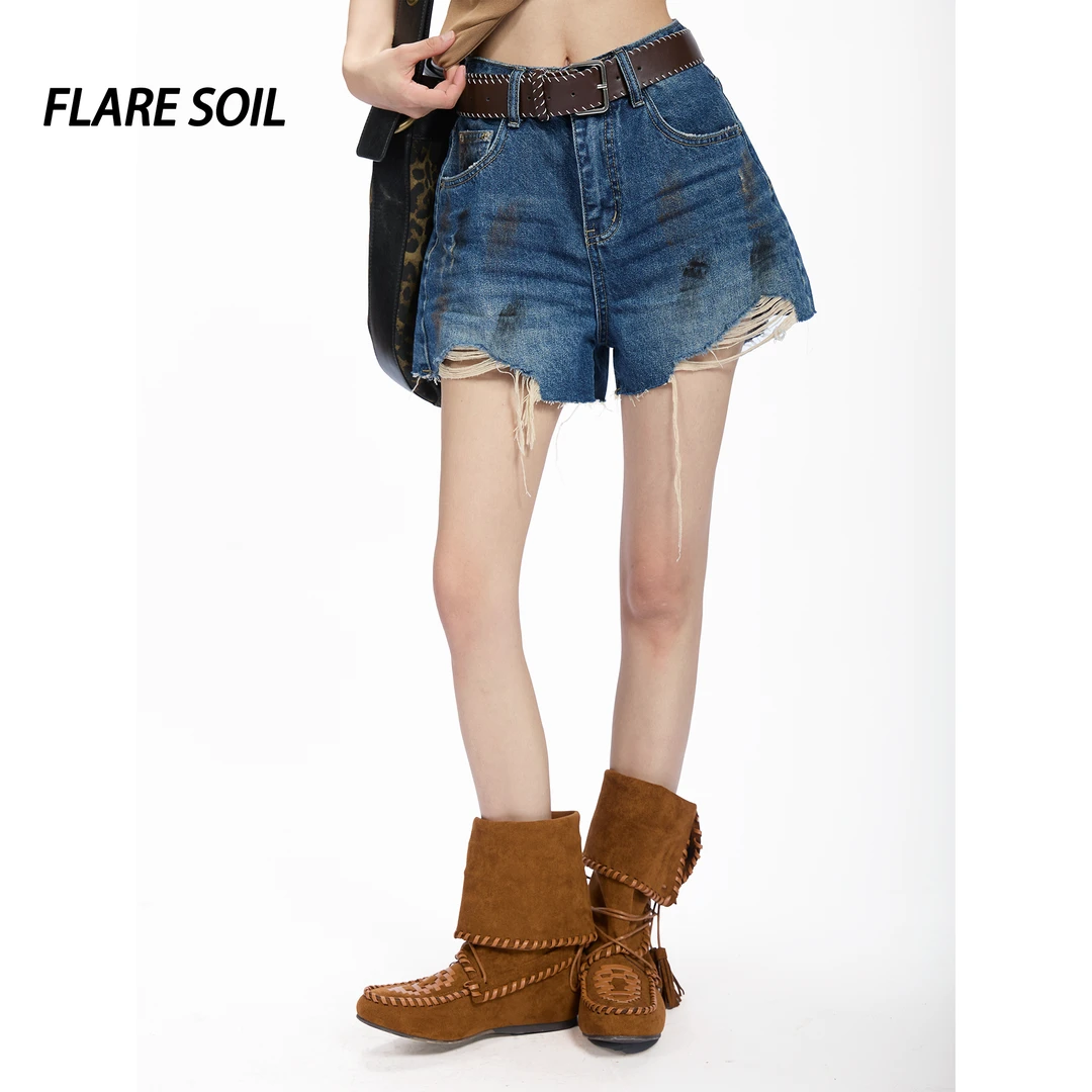 【FLARE SOIL】（现货） 中腰牛仔裤韩版短裤高腰夏季破洞极简风T413B