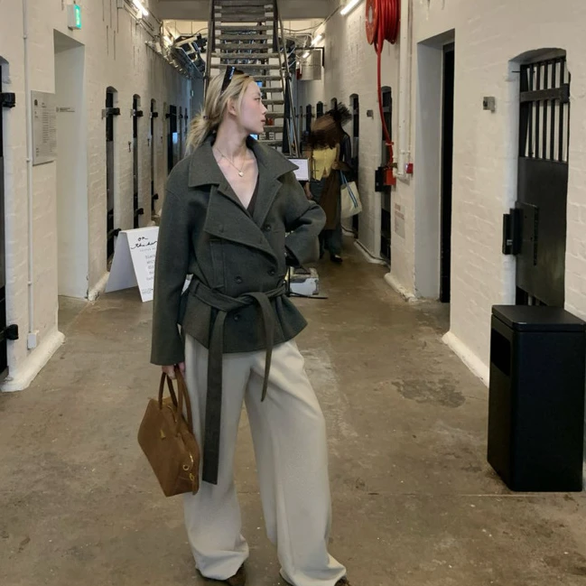 8uioio 复古翻领毛呢外套女秋双排扣收腰呢子大衣 K50953677