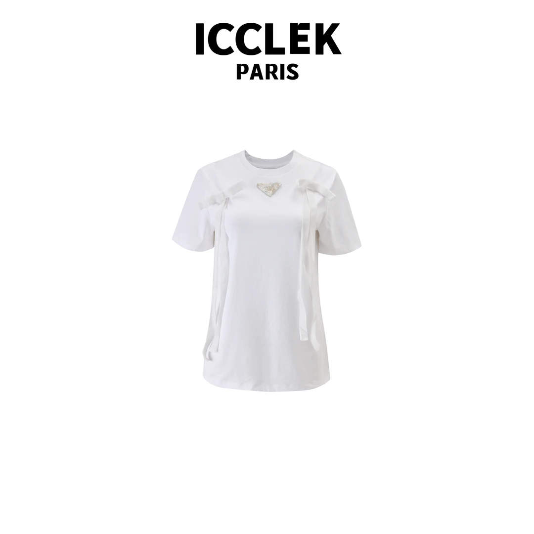 ICCLEK 白色圆领蝴蝶结短袖T恤 百搭 -6023