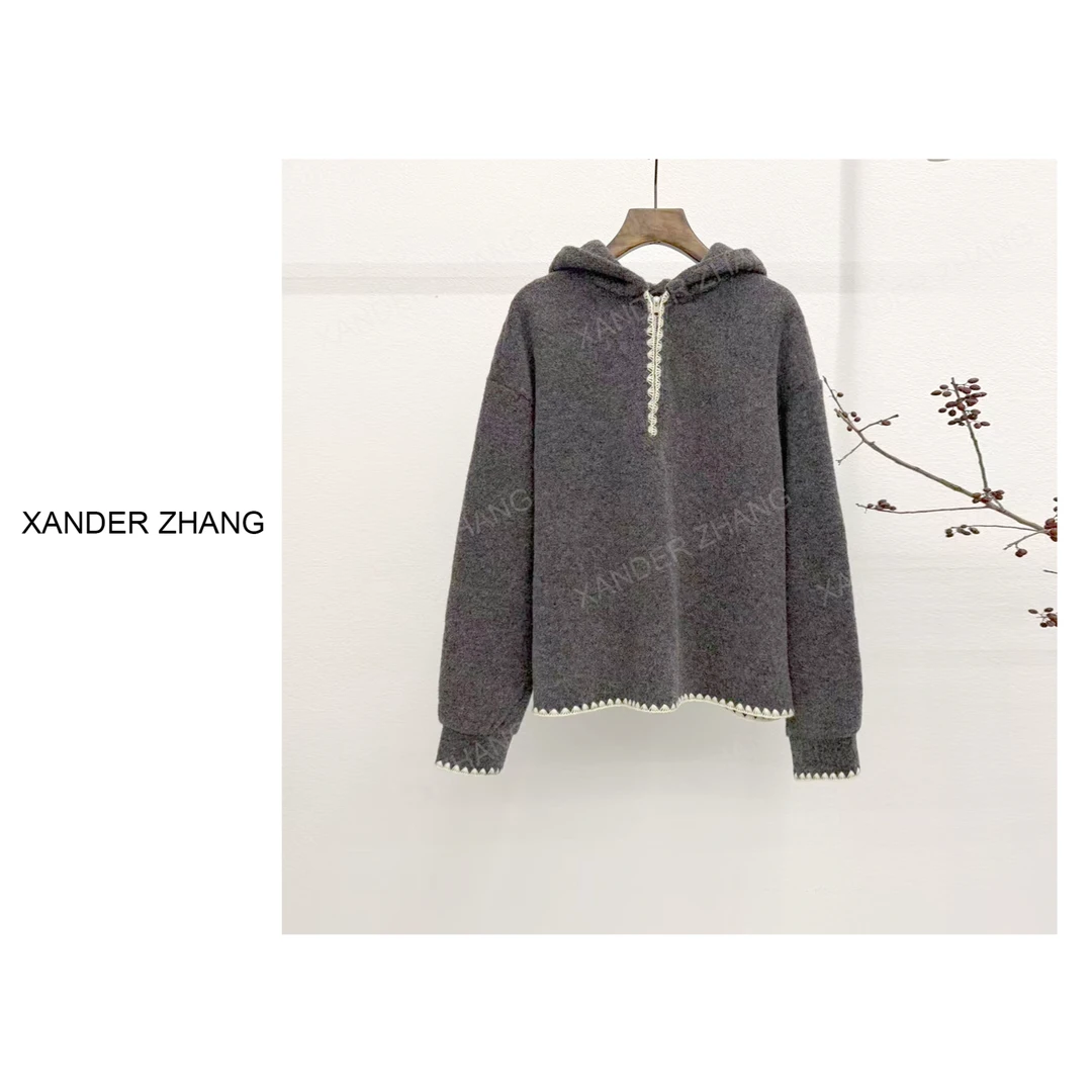 山大张休闲时尚撞色边羊毛混纺连帽卫衣YBW1J918百搭叠穿松弛感