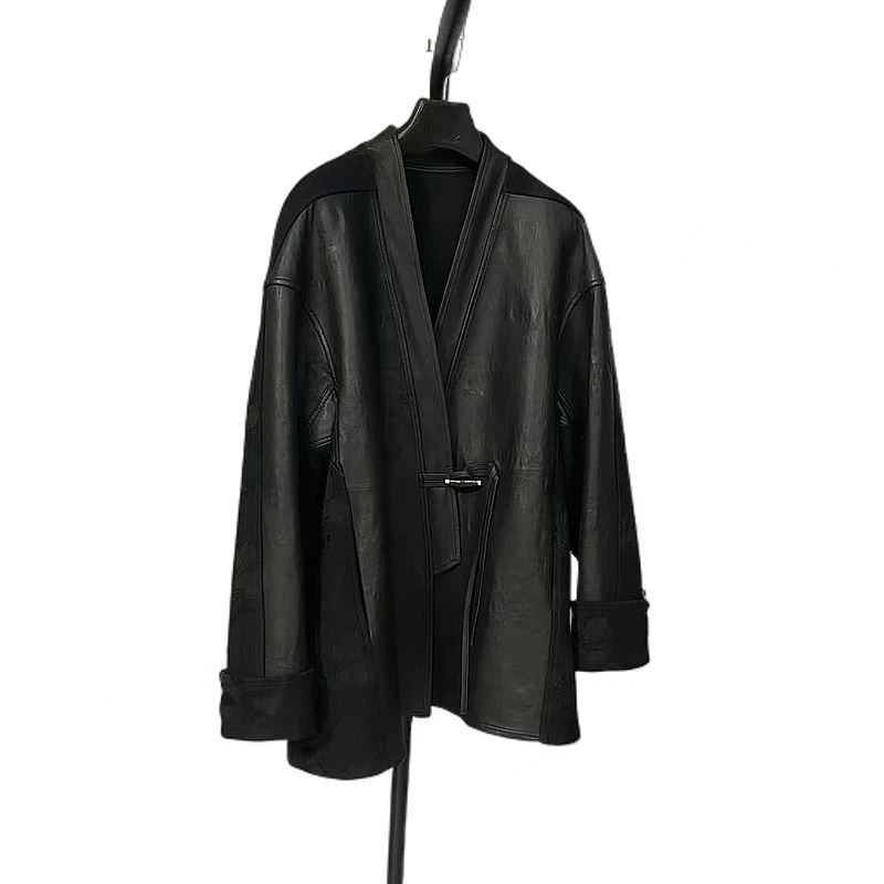 2025新款新中式头层绵羊皮拼接棉麻显瘦遮肉中长款女外套