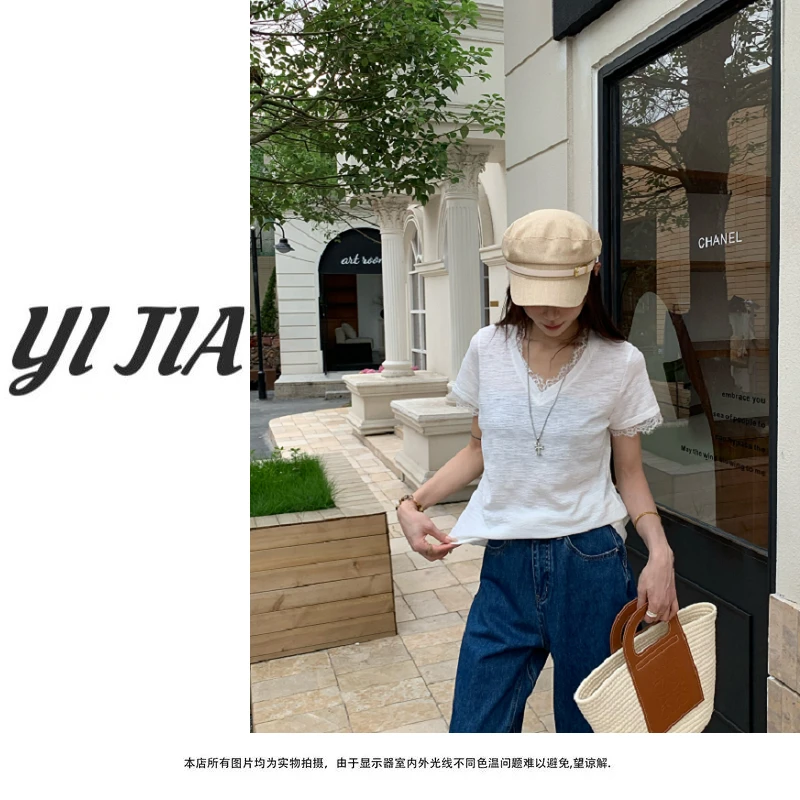 【壹家】YJ7770 / 法式气质拼接蕾丝花边设计感v领正肩短袖百搭T恤