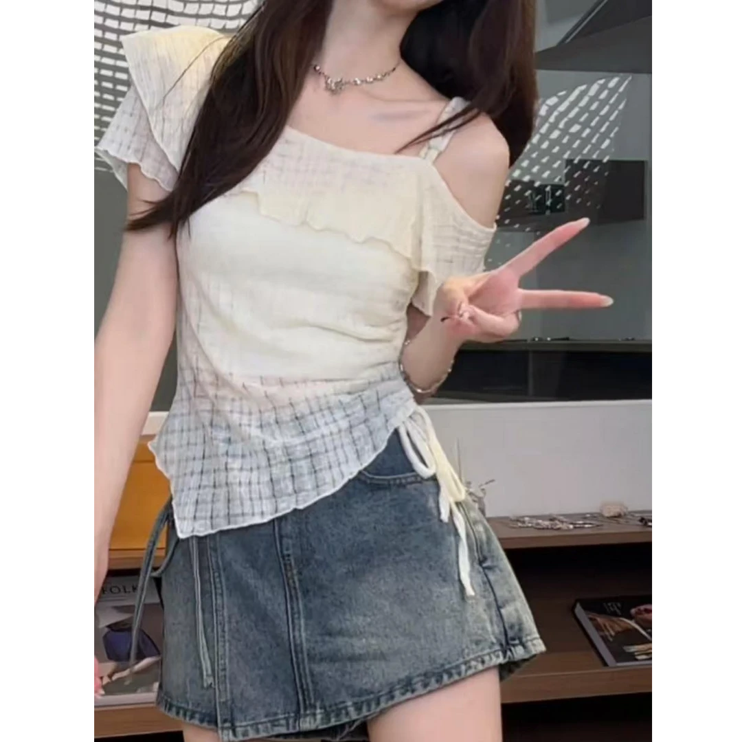 Not defined法式甜美设计感斜肩短袖T恤女夏季收腰不规则显瘦上衣