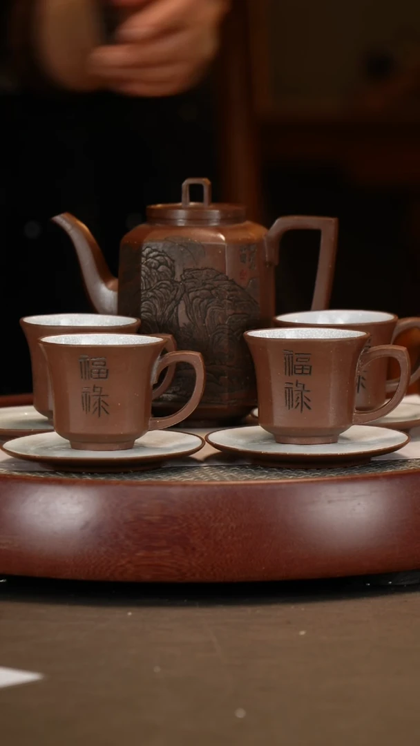 【闪购商品】紫砂茶壶【曹秀芬】底槽清八方玉柱套组 450CC