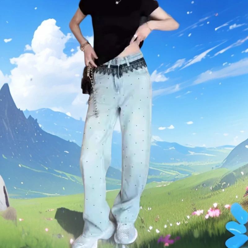 欧货复古蕾丝钩花波点直筒牛仔裤女春季新款时尚气质百搭裤腿裤潮