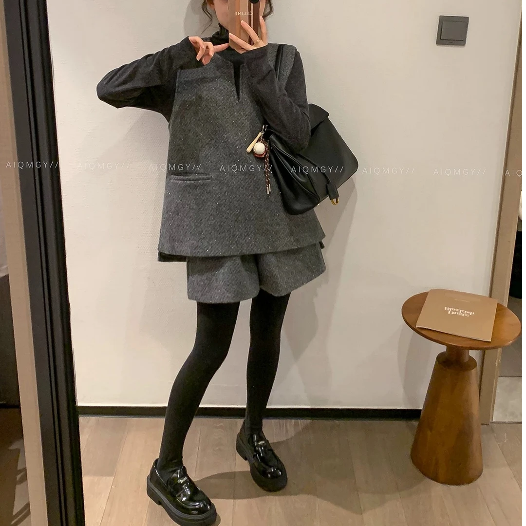 法式小香风银丝粗花呢设计感马甲+阔腿短裤三件套女