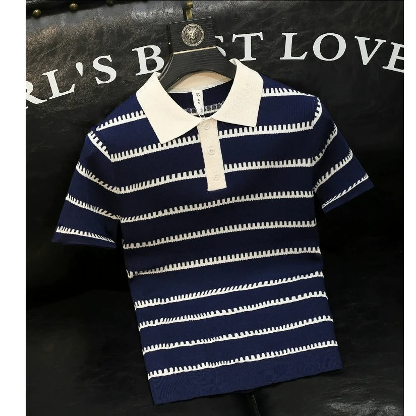 DASELUENA达司勒娜复古翻领条纹短袖毛衣男士青年修身韩版透气