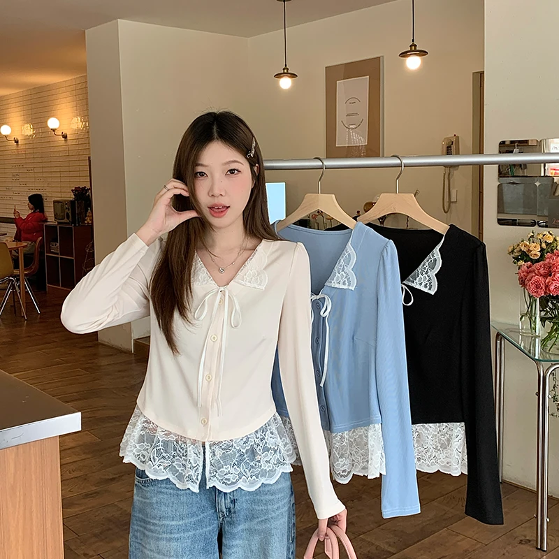 【涵胖胖】胖mm大码女高级感假两件拼接蕾丝纯欲长袖上衣21449【B】