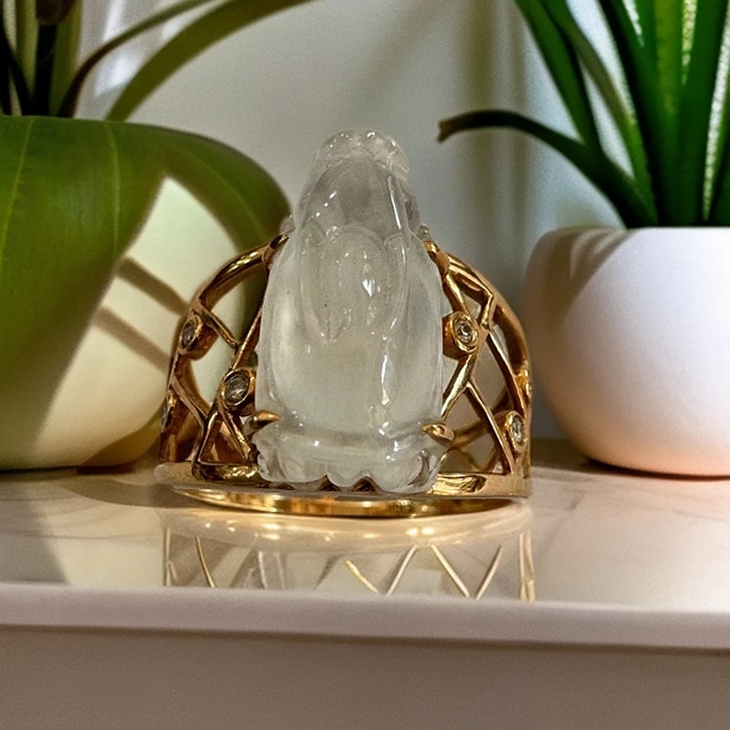 18k玫瑰金女款时尚轻奢气质精美镶嵌 招财冰淇种翡翠貔貅戒指